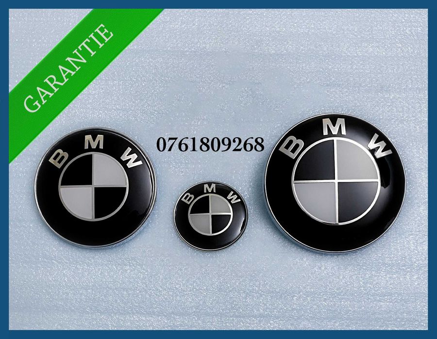 Set 3 embleme aluminiu logo alb-negru BMW pentru capota / portbagaj / volan