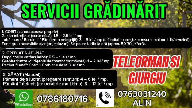 Servicii Grădinărit: Tuns Iarbă, Greblat, Săpat - Vin cu sculele