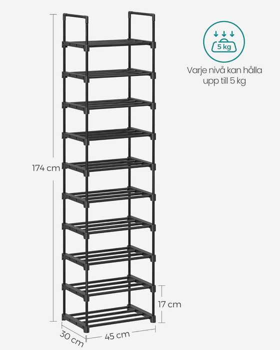 SONGMICS Голяма стойка за обувки с 10 рафта, метален 45 x 30 x 174 см