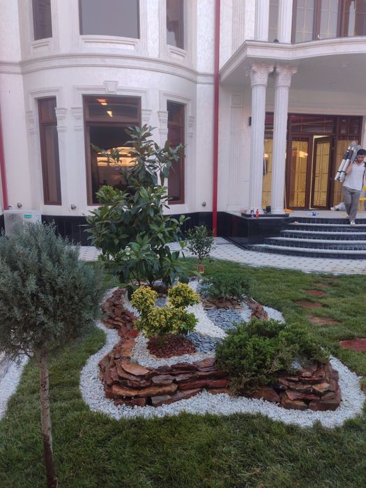 Ландшафт-дизайн, газон екиш ,манзарали гуллар ва арчаларга шакл бериш