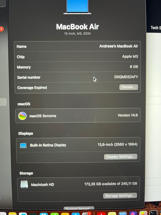 MacBook Air M3 13” – CA NOU, BATERIE 100%, GARANȚIE