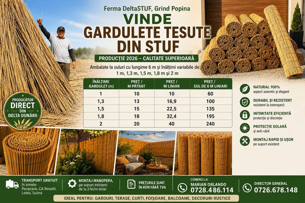 Vindem Rulouri gard stuf natural pentru gard, terasa, curte, balcon, umbrire | Role 6 metri | Si stuf pt acoperis | Producator direct Delta Dunarii