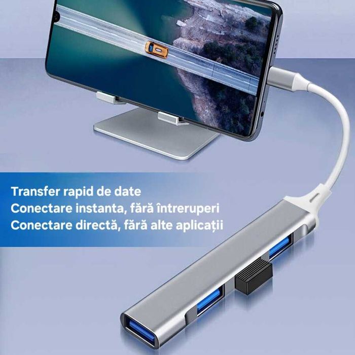 Adaptor/splitter/hub USB C cu 4+1 porturi. Aluminiu. Transfer date.