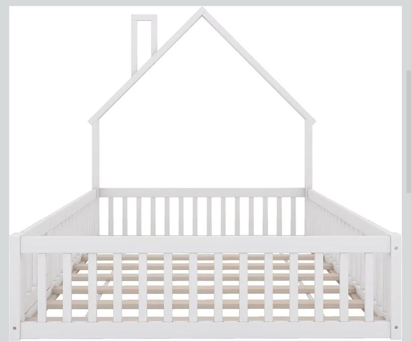 Pat tapițat 140x200 cm pentru copii, formă de coș de fum, lemn de pin