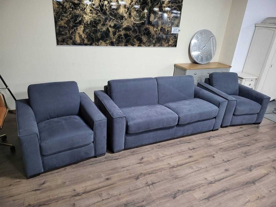 Сив комплект от плат набук диван тройка с функция сън и два фотьойла