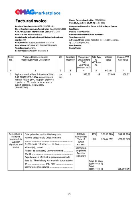Aspirator vertical fara fir Rowenta X-Pert 7.60 RH6A73WO