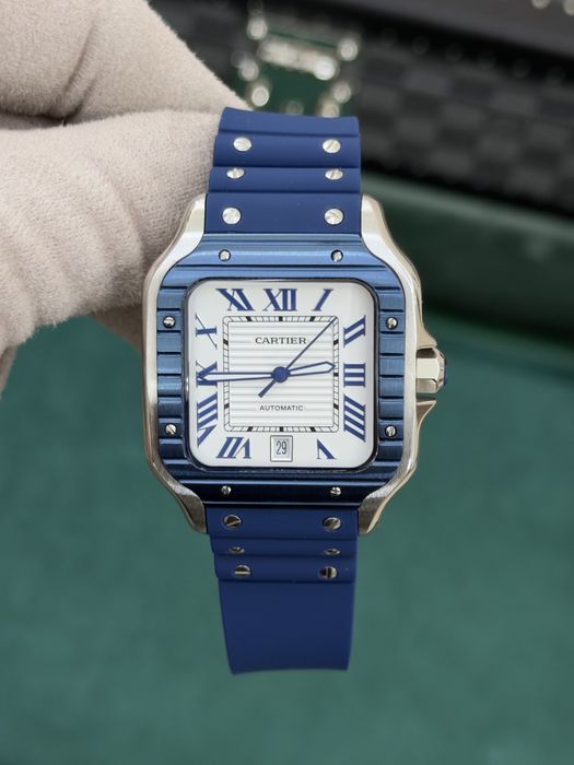 Cartier Santos 100 XL Blue Bezel – White Dial, Blue Rubber Strap