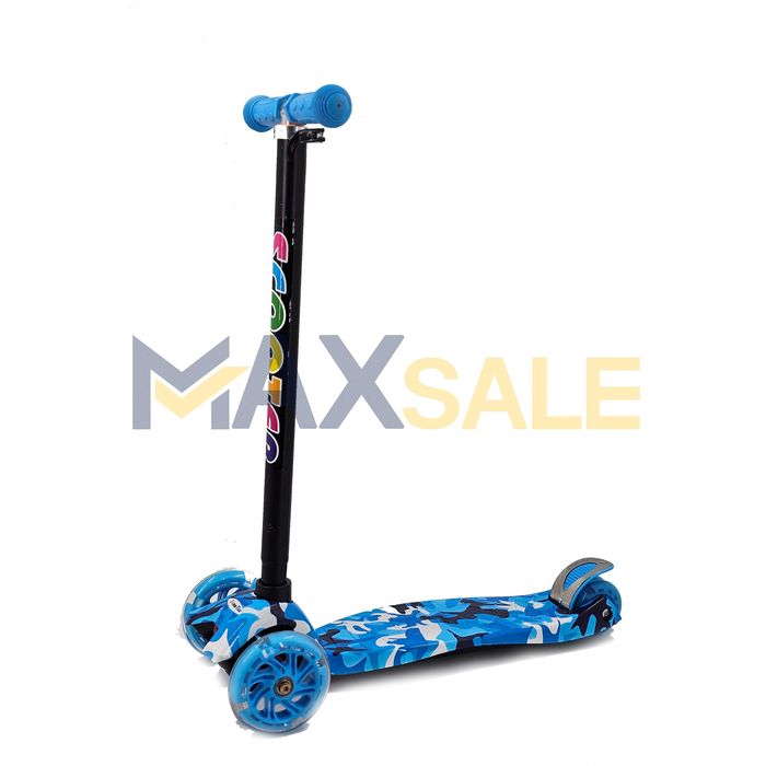 Детска тротинетка триколка камуфлаж с 3 светещи колела синьо