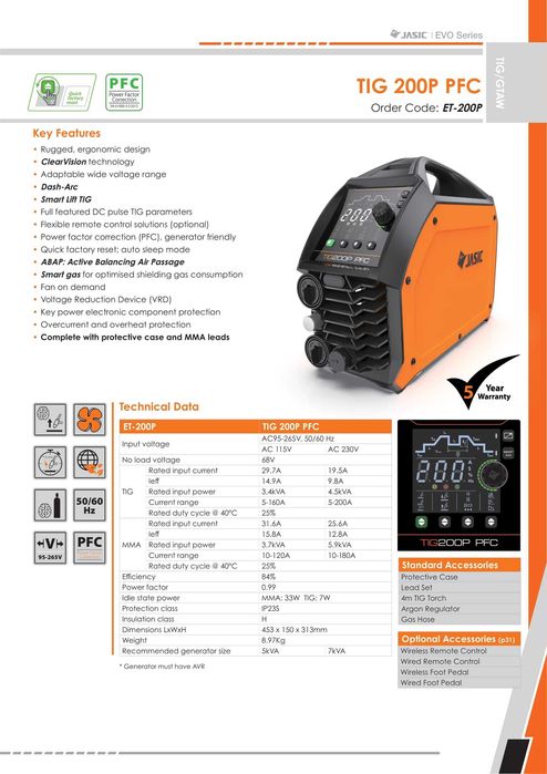 Заваръчен апарат, ВИГ, DC, Jasic EVO TIG 200P