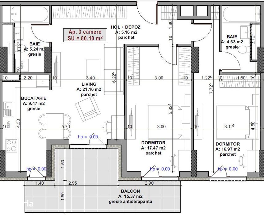Apartament 3 Camere, 2 Bai, 80,1 mp + Balcon 15,4 mp | Elite City, Mar