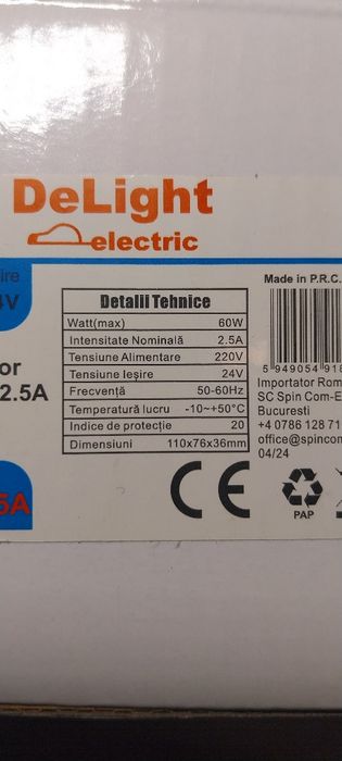 Sursă curent continuu, intrare 200-240V AC, ieșire +24V DC, 60W