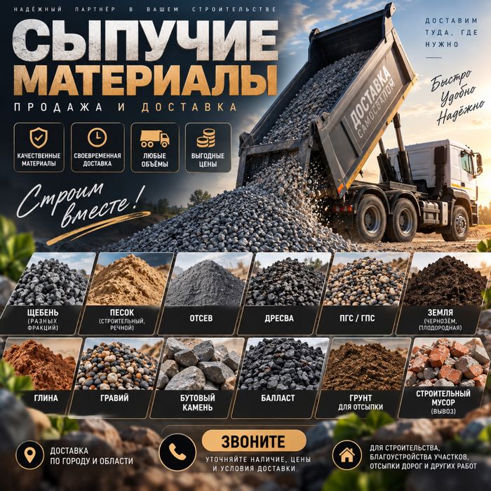 Щебень, песок, отсев, дресва, земля — доставка самосвалом