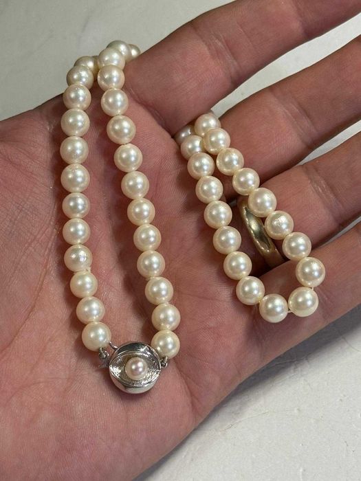 COLIER PERLE Naturale Rotunde +Inchizatoare AUR Alb 18k -2.5g -Vintage