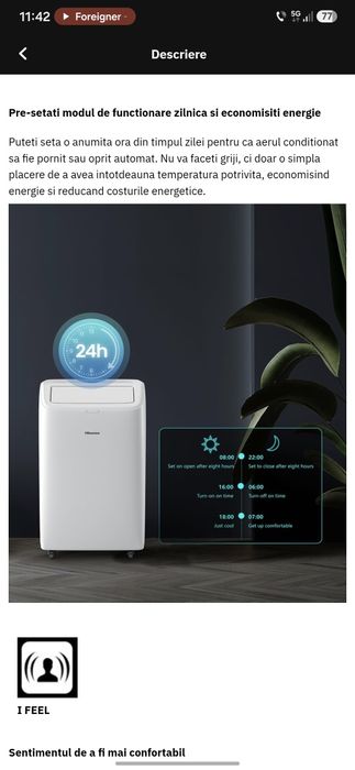 Aer conditionat portabil HISENSE APC12QC, 12000 BTU, A, Wi-Fi, Functie Dezumidificare, kit instalare inclus, alb