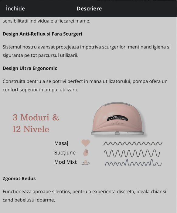 Pompa de sân electrică portabilă wireless, cu garanție, set complet