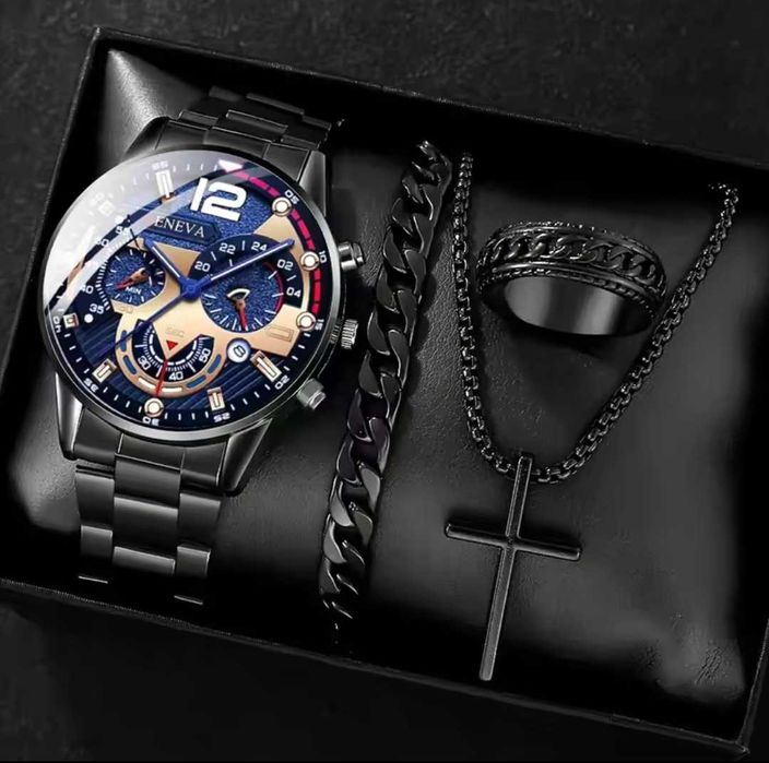 Луксозен комплект от 4 части - часовник, гривна, колие с кръст,пръстен