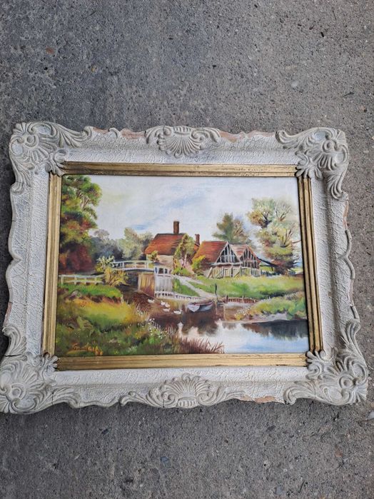 tablou romanesc pictura pe panza 53/43 cm semnat datat 1980