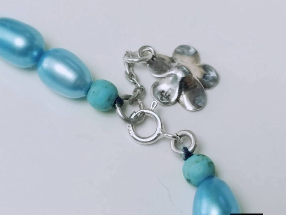 Set lant/colier, bratara si cercei argint 925, perle cultura albastru
