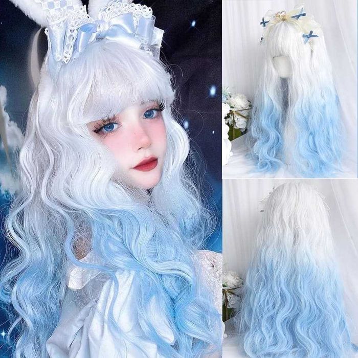 Kawaii Lolita Blue Gradient Чуплива аниме омбре перука бяла / синя