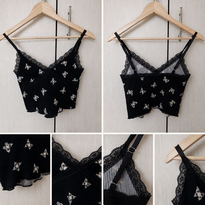 Top H&M S negru cu fluturi dantela Y2K crop