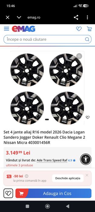 Set 4 jante aliaj R16  4x100 model 2026 Dacia Logan Sandero Jogger Doker Renault Clio Megane 2 Nissan Micra