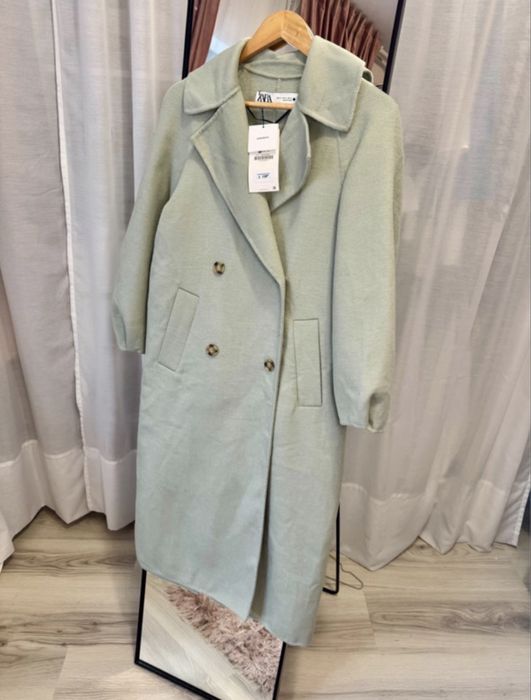 Palton de primăvară de lana turquoise pal double breasted Zara mas XS