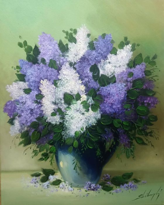 Tablou Flori De Liliac Vopsea Ulei Pe Panza Dimensiune 50/40