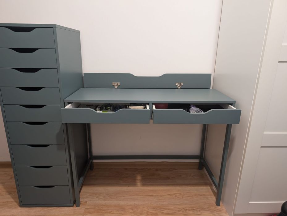 Set birou Ikea Alex, birou + dulap cu sertare, culoare gri inchis-turcoaz, in stare buna