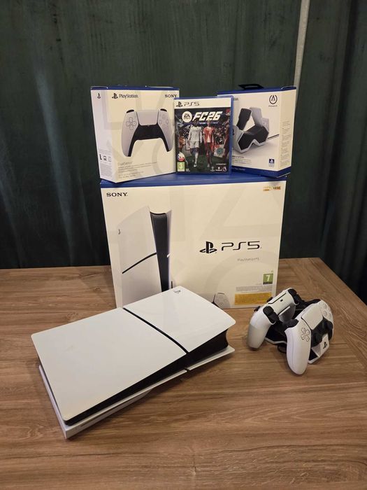 Pachet PlayStation 5 Slim Disc 1TB & 2 DualSense & Stație Încărcare + joc cadou EA Sports FC 26