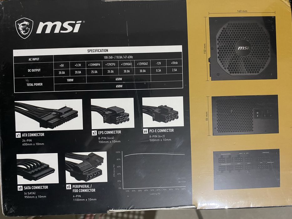 Sursa MSI MPG A650GF, 80 PLUS® Gold, 650W, ARGB, PFC Pasiv