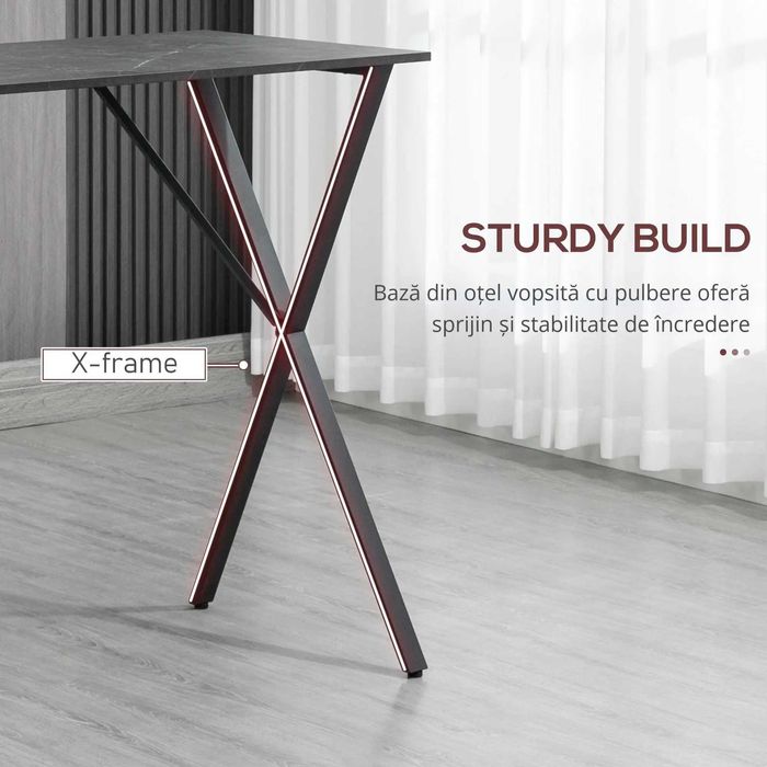 Set Masă si Scaune  Înalte, Stil Industrial, cu Efect de Marmură, din Lemn și Oțel, 120x60x102 cm, Negru si scaune inalte si pliabile rezistente