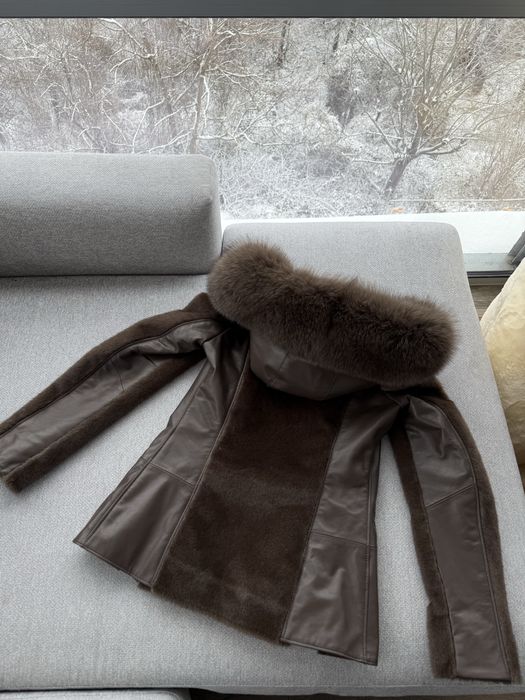 Естествена кожа алкантара с естествен косъм лисица кафяво яке палто