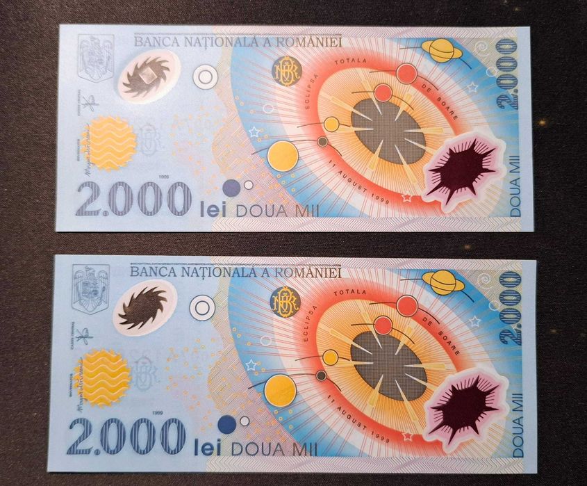 Pereche Bancnote Eclipsa 2000 lei din 1999,  Stare UNC (Perfecte / Noi)
