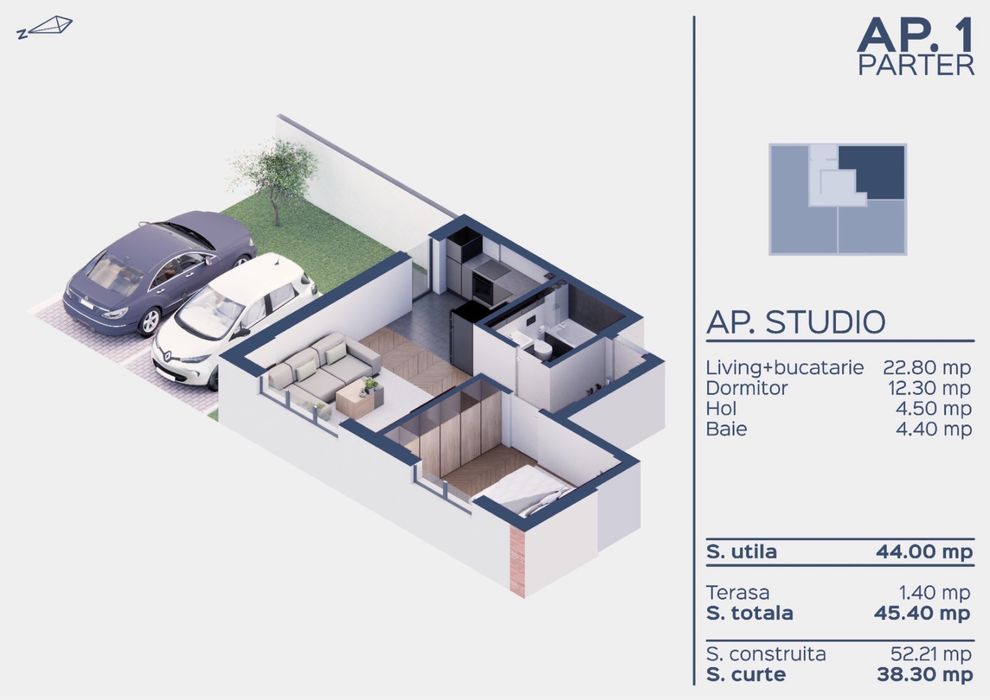 Apartament doua camera Tip studio + Curte individuala
