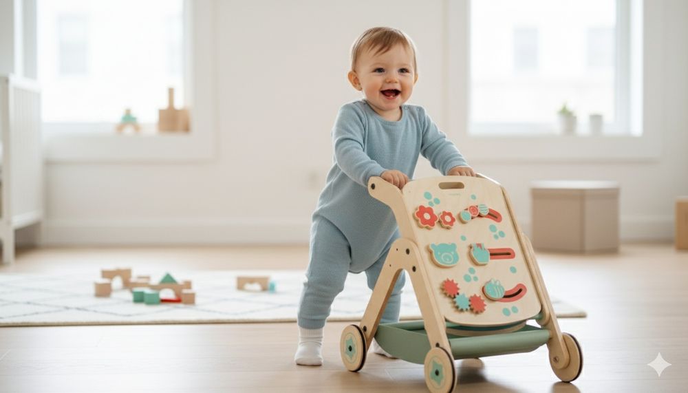 Дървена Проходилка,  активна маса и количка 5в1