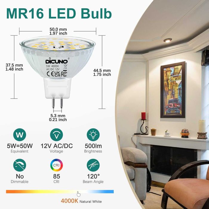 LED крушки DiCUNO MR16 50W халогенен еквивалент 12V AC/DC недимируеми, GU5.3 двупинов цокъл 4000K естествено бяло 120° ъгъл на лъча 500LM, 10 броя