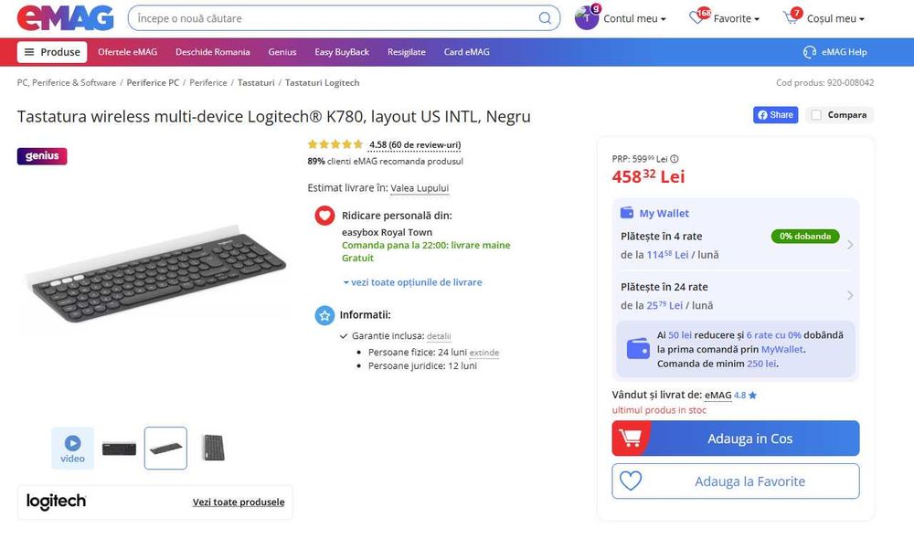 Tastatura Wireless + Bluetooth Logitech K780 multi-dispozitiv (max 3)