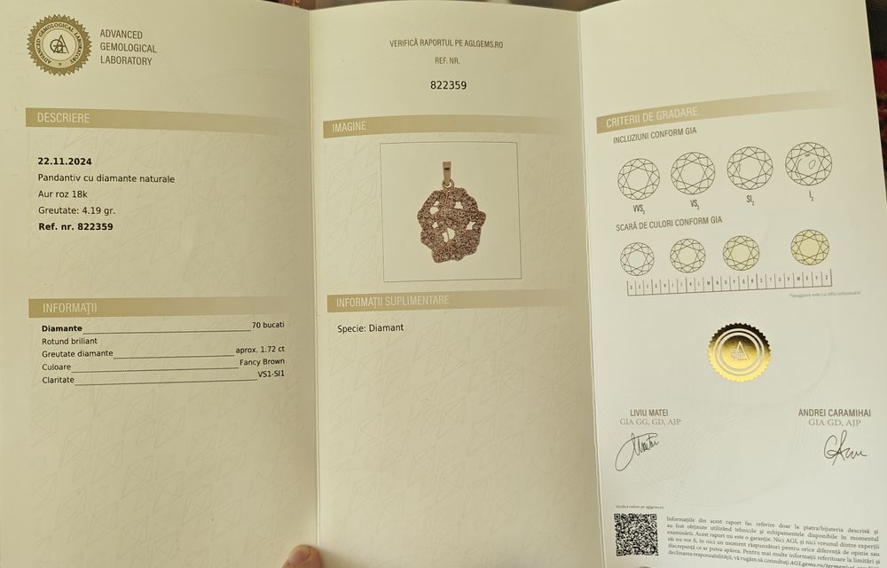 Pandant diamante aur 18k certificat
