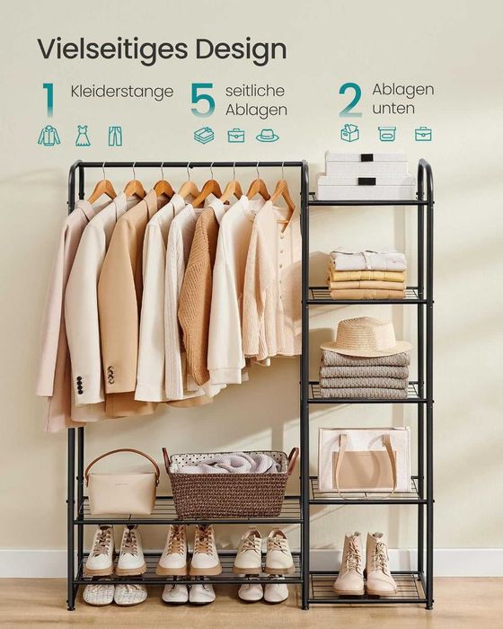 Suport haine metalic cu rafturi, Songmics, 29 × 112 × 158.4 cm, negru