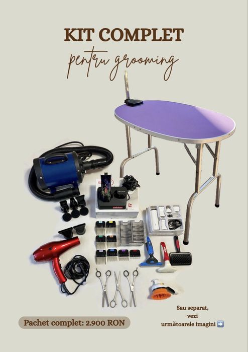 Kit complet grooming / toaletare canină – Heiniger Saphir, masă grooming, uscător profesional, distantiere Wahl - Moser, foarfeci EHASO