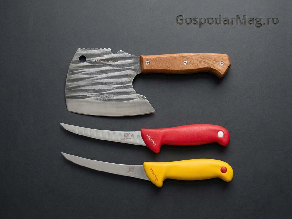 Set 2 Cuțite Profesionale + Satâr Oase Măcelarie Fier Forjat