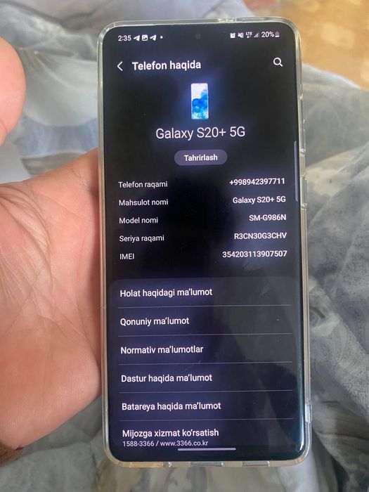 Samsung galaxy s20 + 5g  xotira 12/256 ochilmagan qirilmagan tinniq