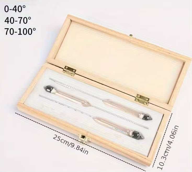 Комплект уреди за мерене на ракия (спиртомери) – 0–100°, дървена кутия