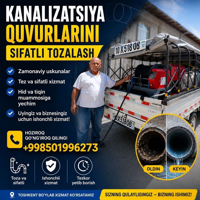 Kanalizatsiya kuvurlarini tozalash xizmati 24/7 gidrohcistka xizmati