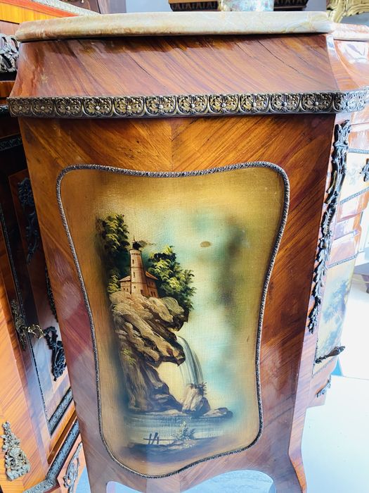 Comoda Servanta Vintage Marmura Pictura Intarsie Bronz Lemn
