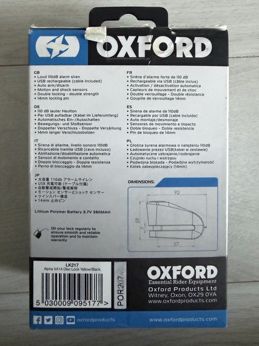 Antifurt moto/blocator disc cu alarma Oxford Alpha XA14, galben/negru