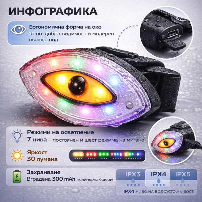 Задна LED стоп светлина за велосипед QIXUN EYE, USB, 30Lum, 7 режима