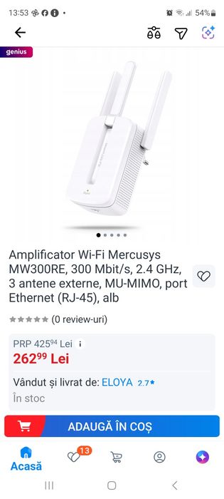 Amplificator nou Wi-Fi Mercusys MW300RE, 300 Mbit/s, 2.4 GHz, 3 antene externe