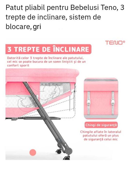 Pătuț pliabil pentru bebeluși, 3 trepte de înclinare, sistem de blocare, plasă anti-insecte, coș depozitare, gri.