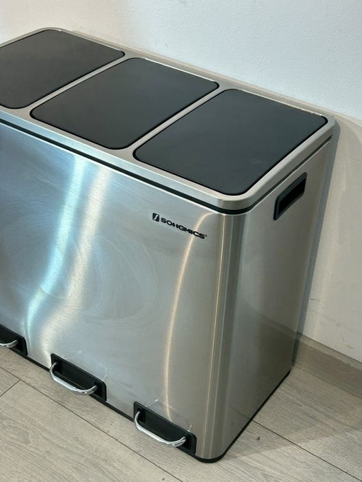 SONGMICS Coș de Gunoi din Inox, cu 3 Compartimente Colectare Selectivă